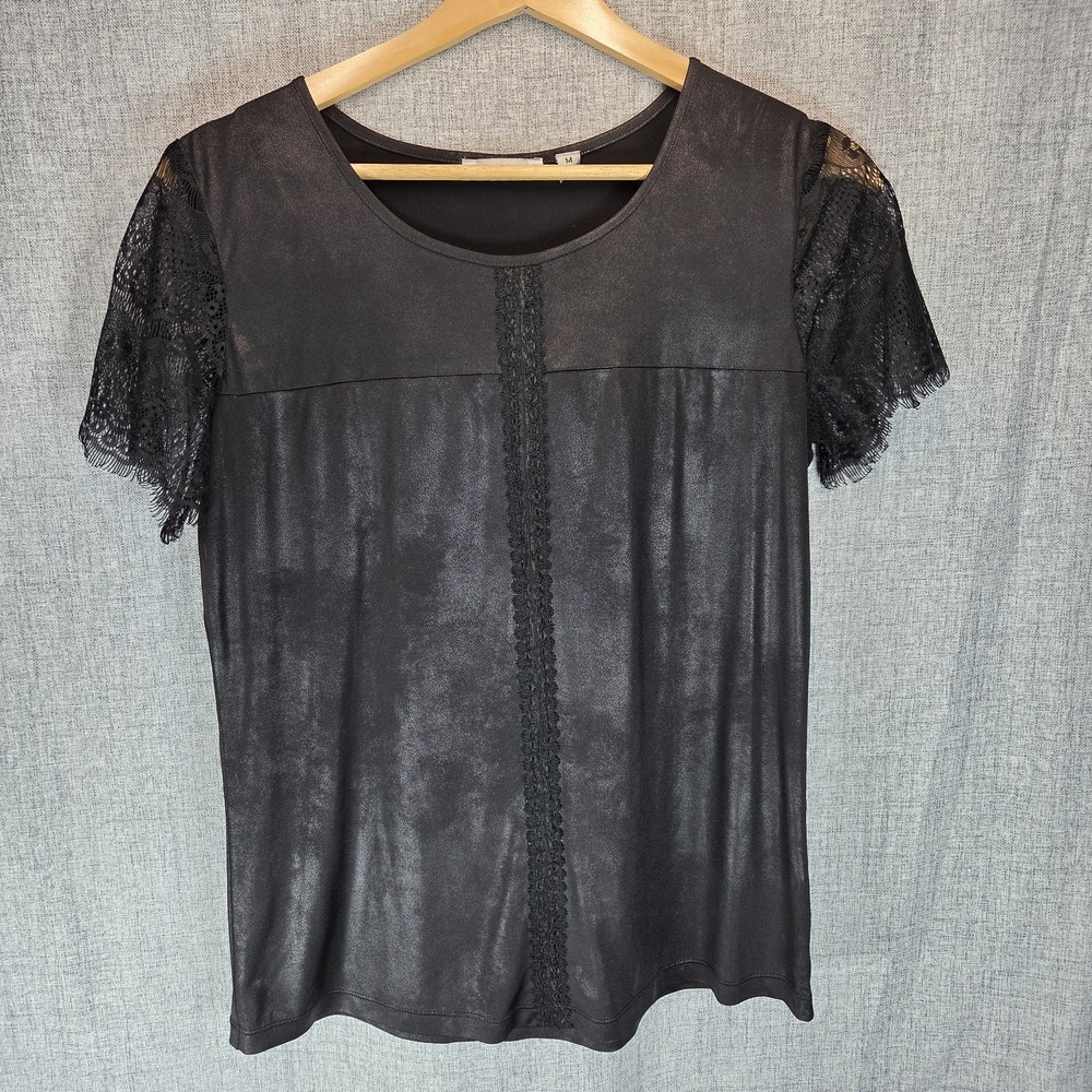 Hannah Leather Look Women's Black Top Short Lace Sleeves Medium Goth Grunge Rock